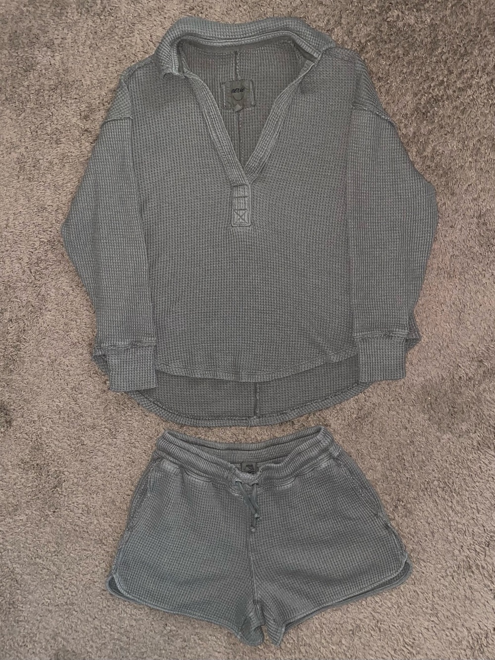 Aerie Women’s Lumberjane Waffle Polo Sweatshirt & Shorts Set, Military Green